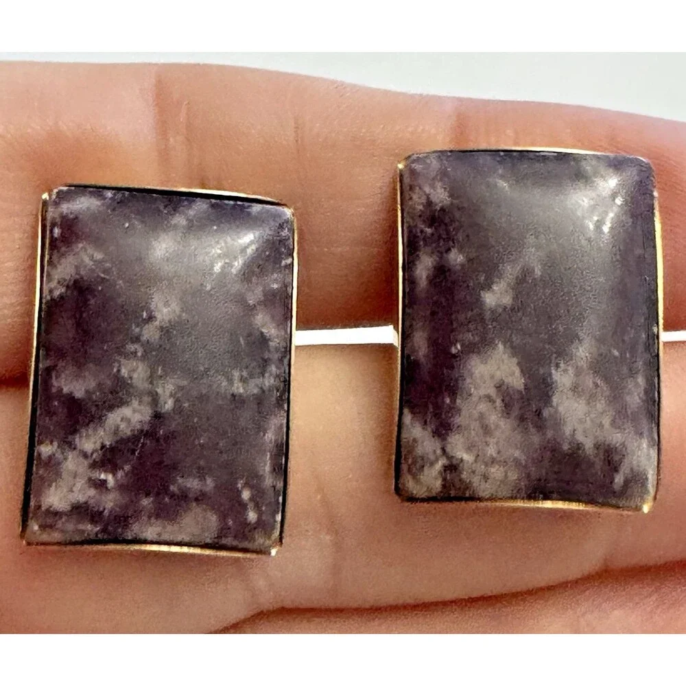 Vintage Purple Stone Rectangle Cufflinks Silver Tone 1 Inch